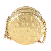 Metallic Gold Croc Embossed Calfskin Round Clutch On Chain