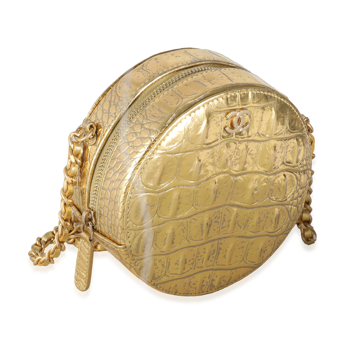 Metallic Gold Croc Embossed Calfskin Round Clutch On Chain