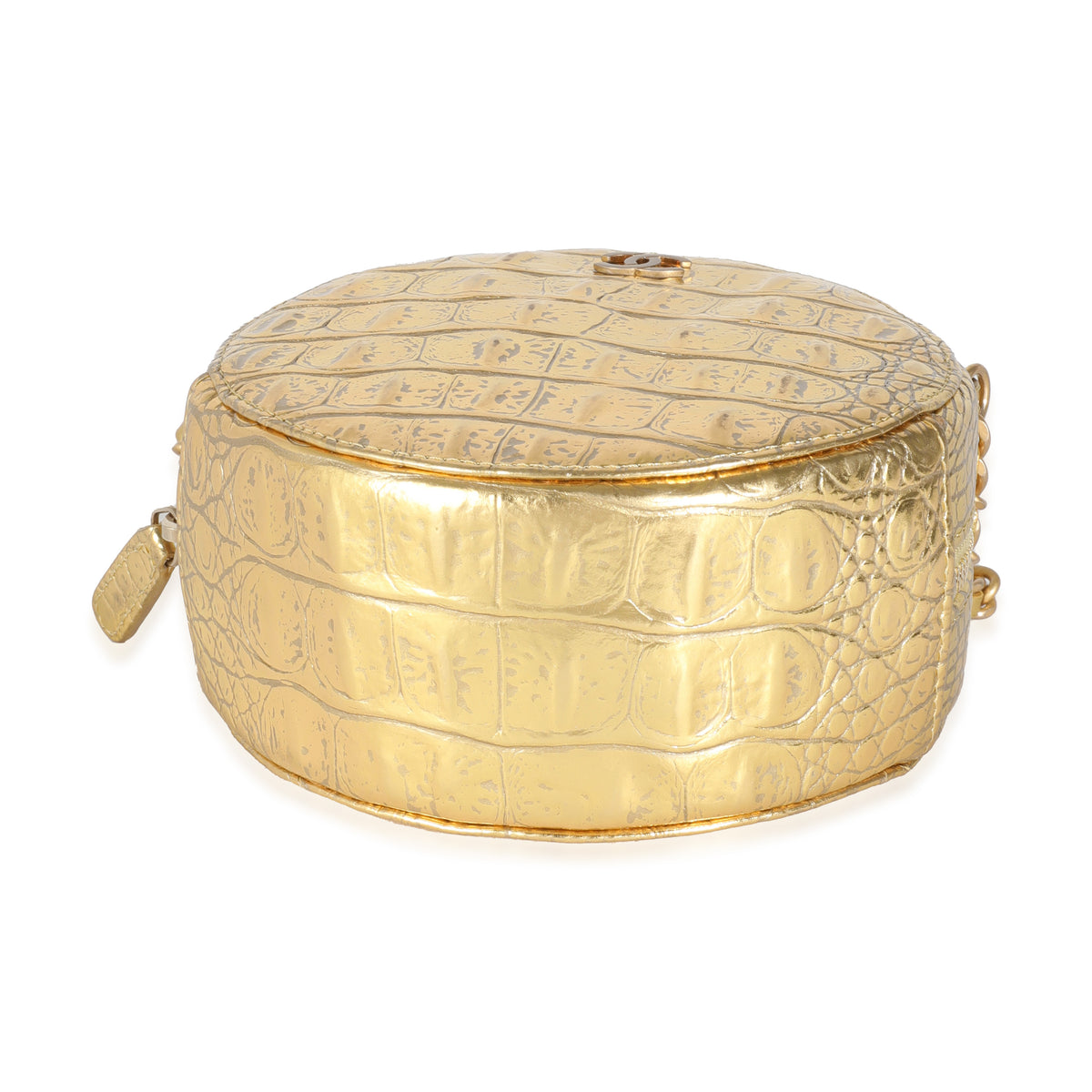 Metallic Gold Croc Embossed Calfskin Round Clutch On Chain