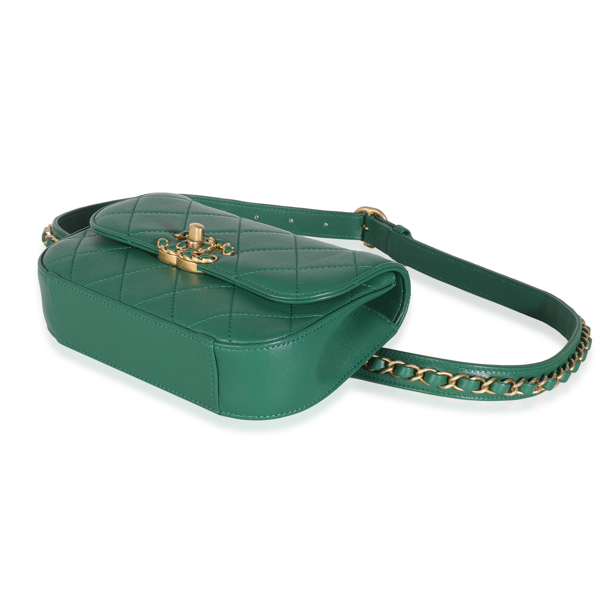 Dark Green Quilted Lambskin Chain Infinity Waist Bag