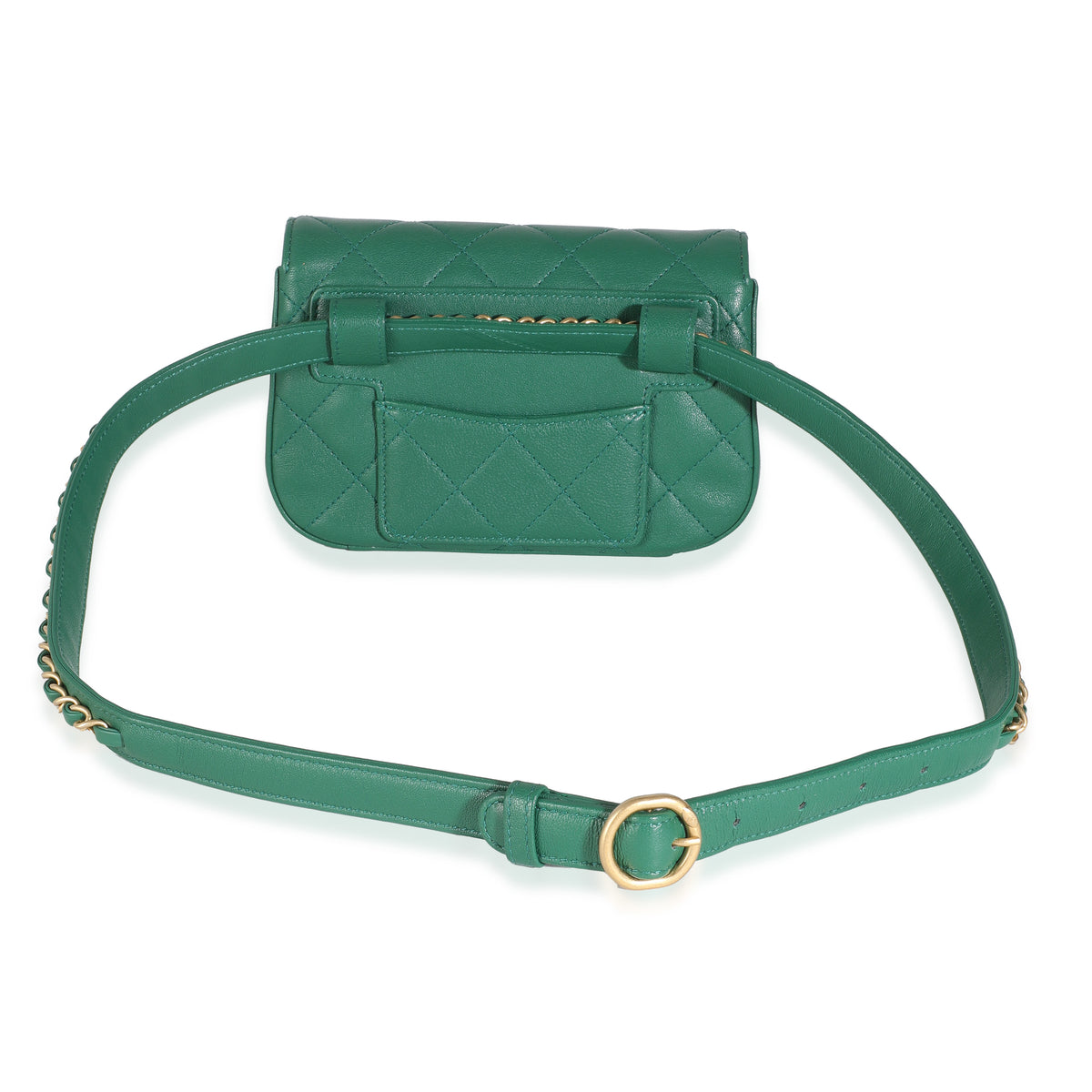 Dark Green Quilted Lambskin Chain Infinity Waist Bag