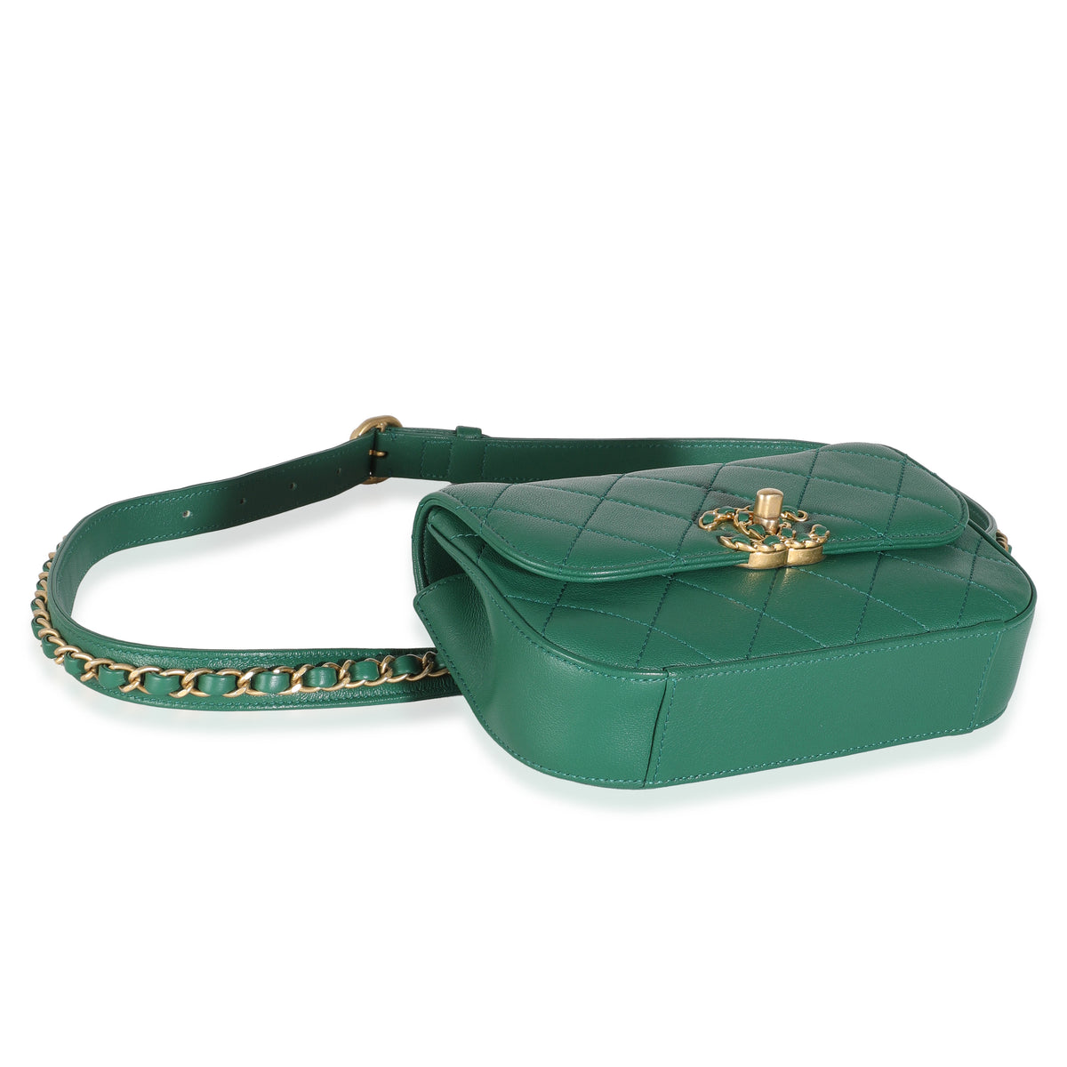 Dark Green Quilted Lambskin Chain Infinity Waist Bag