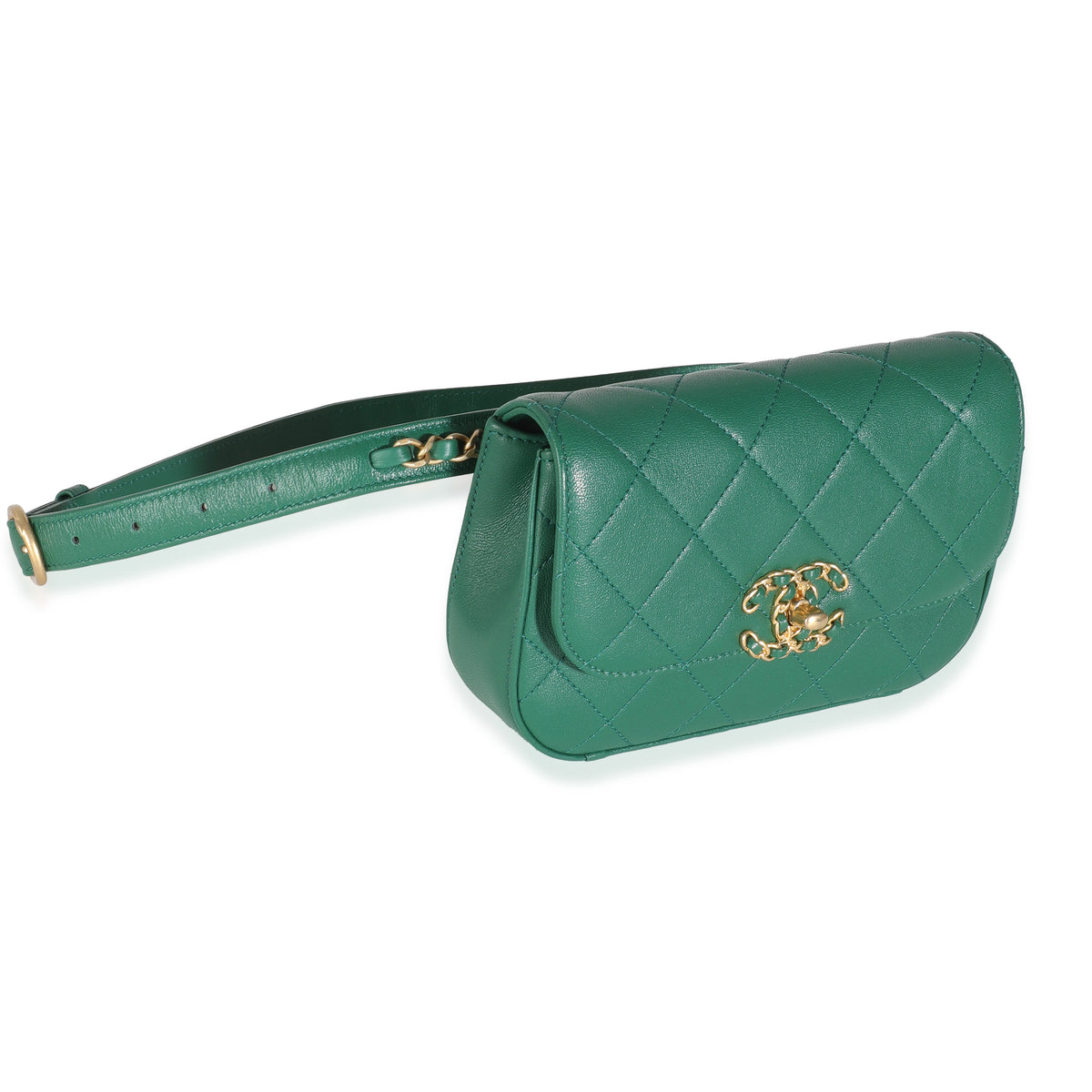 Dark Green Quilted Lambskin Chain Infinity Waist Bag