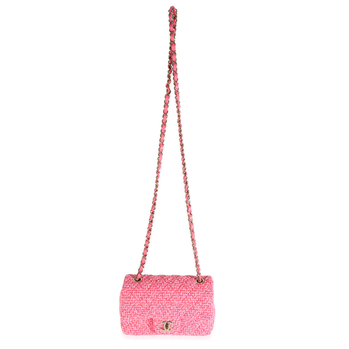 Pink Quilted Wool Tweed Mini Rectangular Flap Bag