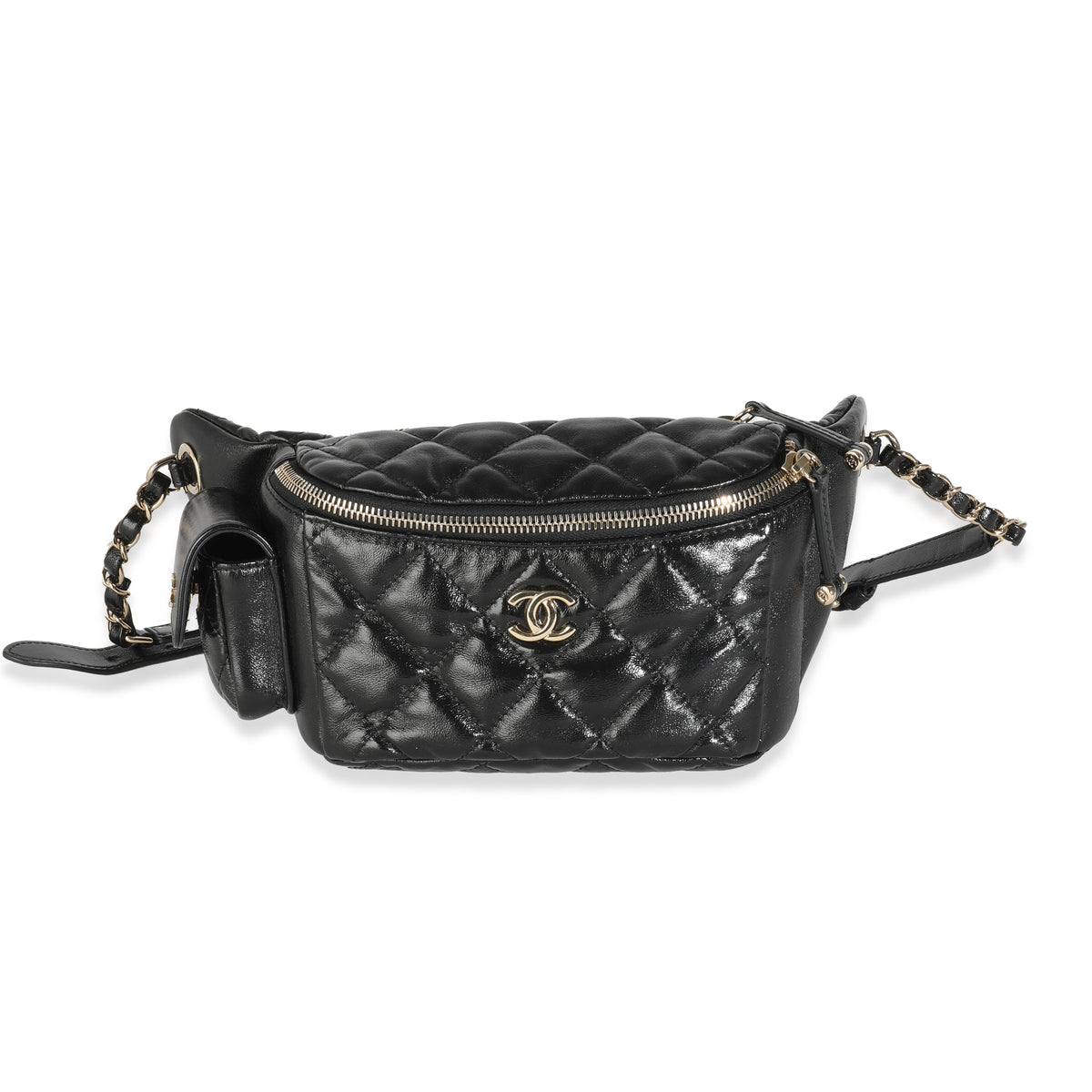 Black Shiny Quilted Aged Calfskin Utility Belt Bag