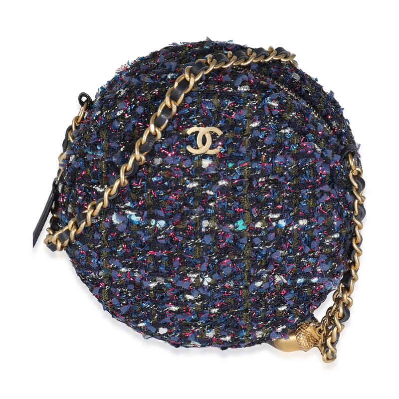 Metallic Purple Tweed Round Clutch With Chain