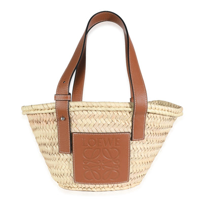 Tan Calfskin Beige Raffia Small Anagram Basket Tote