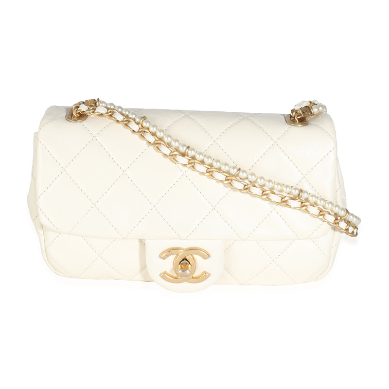 White Shiny Quilted Lambskin Pearl Chain Mini Flap Bag