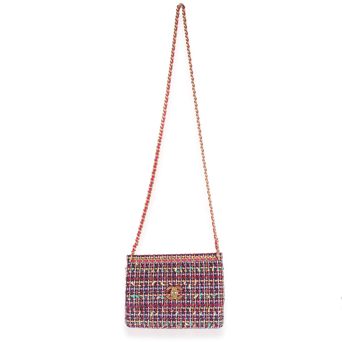 Pink Metallic Multicolor Tweed Chain Top Flap Bag