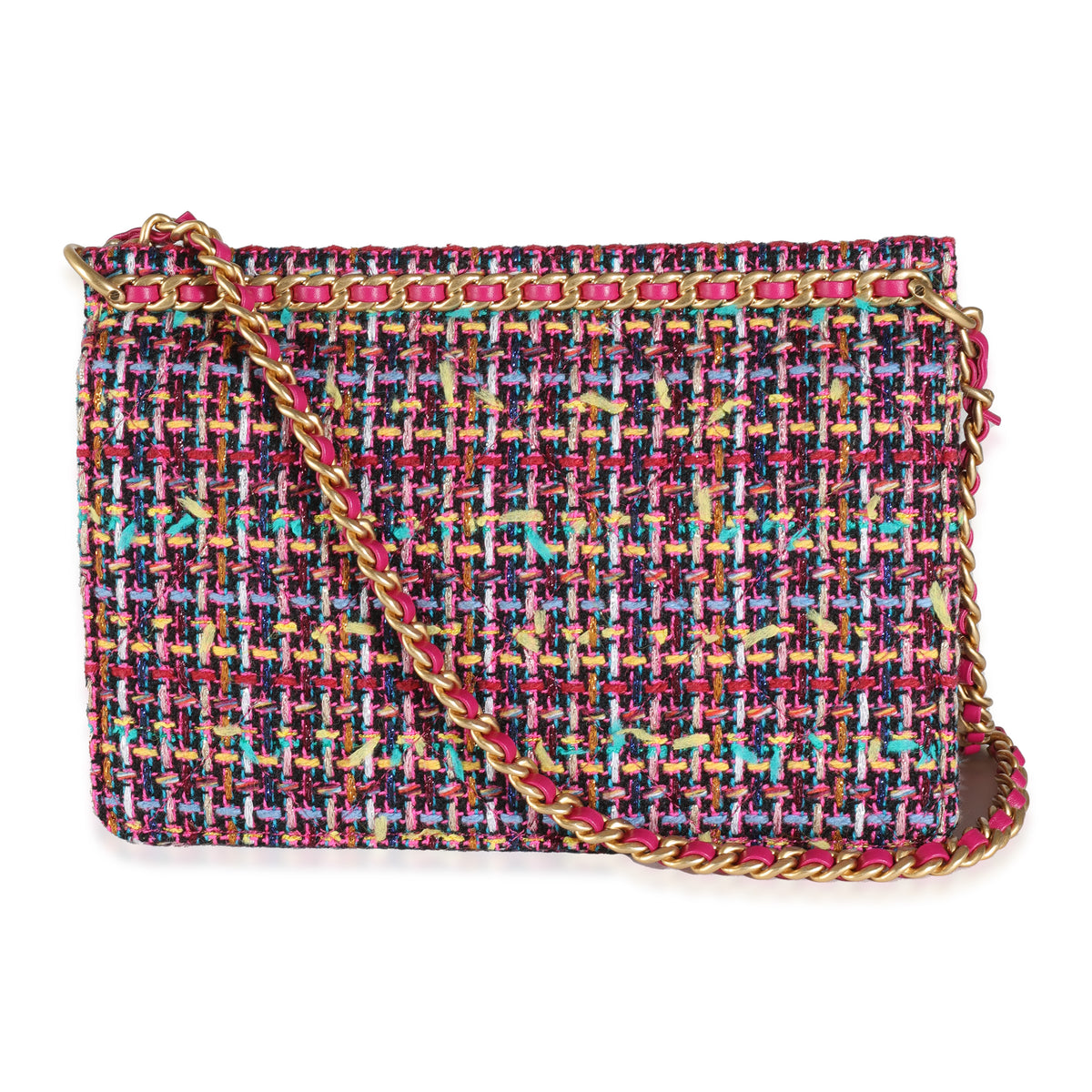 Pink Metallic Multicolor Tweed Chain Top Flap Bag