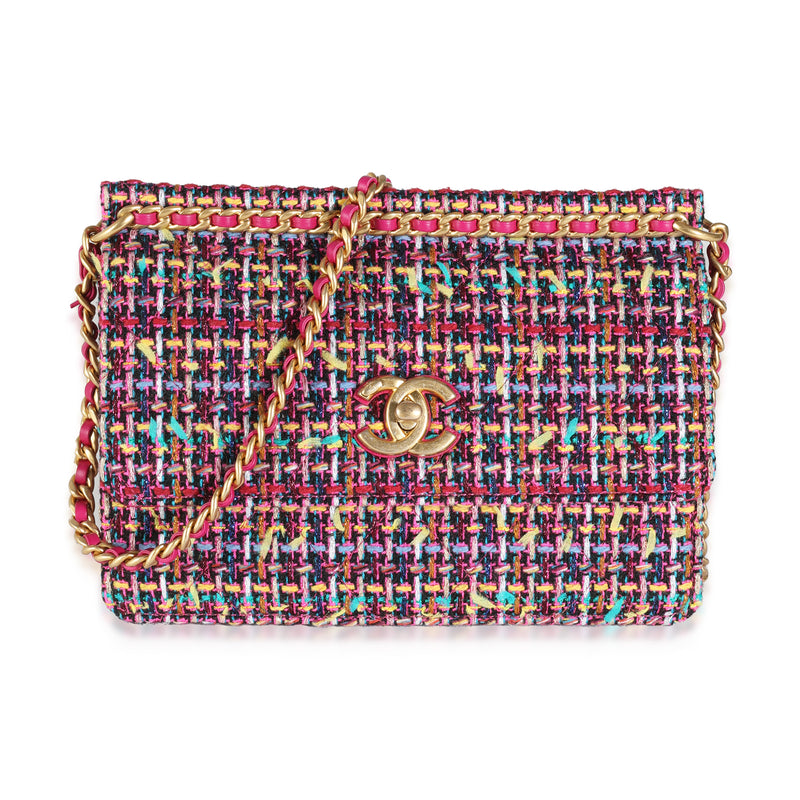 Pink Metallic Multicolor Tweed Chain Top Flap Bag