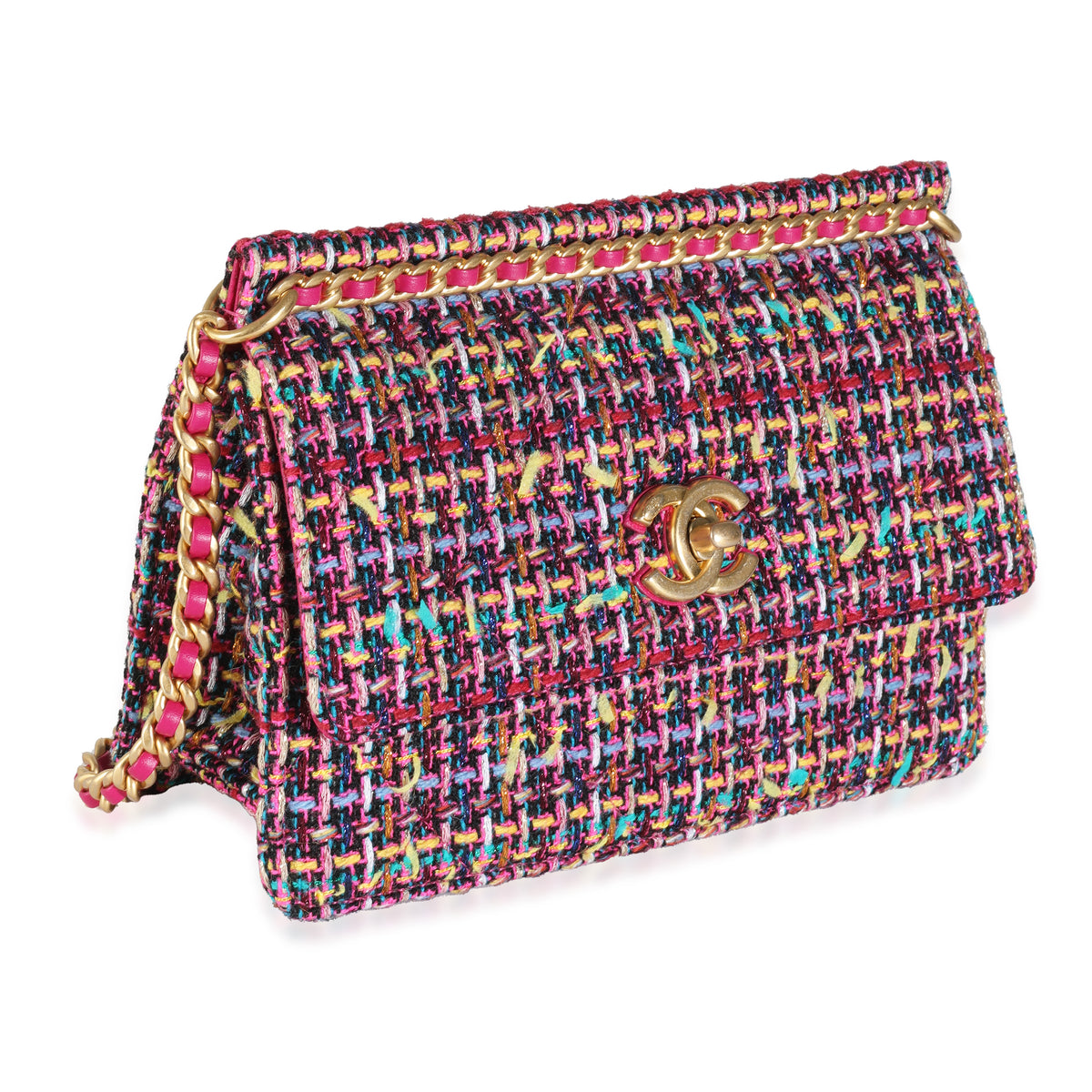 Pink Metallic Multicolor Tweed Chain Top Flap Bag