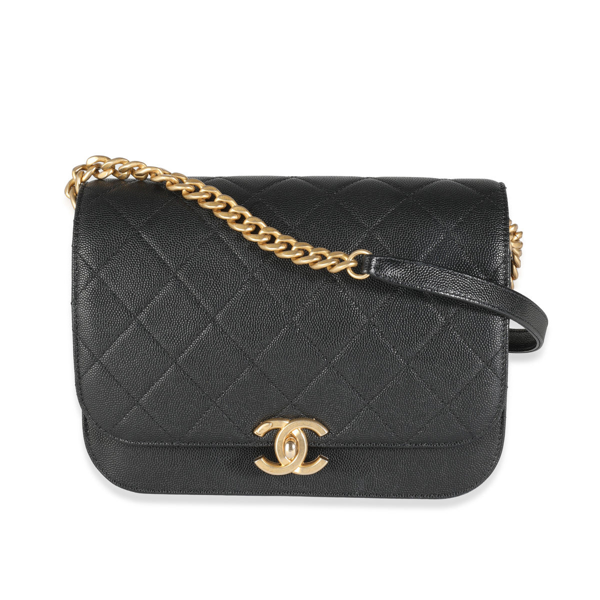 Black Quilted Caviar CC Small Messenger Flap Bag