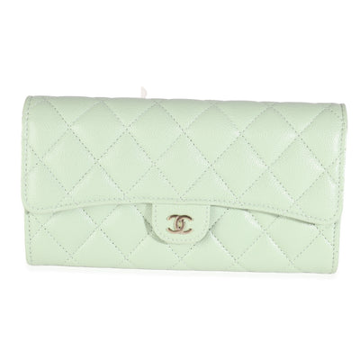 24C Light Green Quilted Caviar Classic Long Flap Wallet