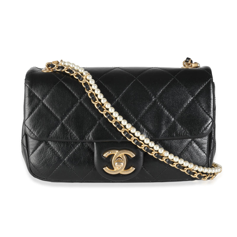 Black Quilted Lambskin Pearl Chain Mini Flap Bag