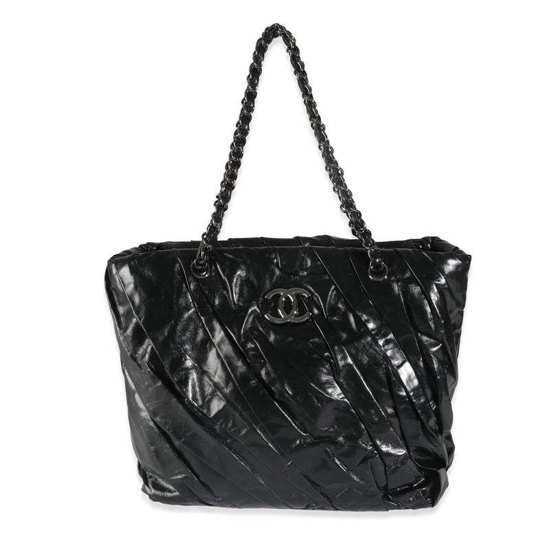 Black Glazed Calfskin Large Twisted Tote