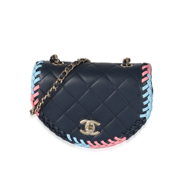 Navy Quilted Lambskin Braided Mini Messenger Flap Bag