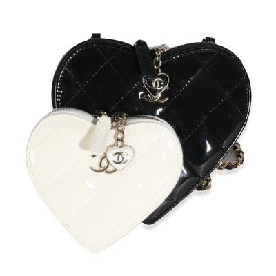 Black White Quilted Patent Heart Clutch With Chain