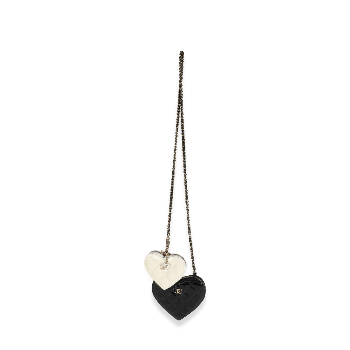 Black White Quilted Patent Heart Clutch With Chain