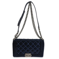 Navy Quilted Velvet Old Medium Boy Bag