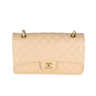 Beige Quilted Caviar Medium Classic Double Flap Handbag