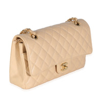 Beige Quilted Caviar Medium Classic Double Flap Handbag