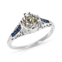 IGL Certified Art Deco Estate Diamond and Sapphire Engagement Ring in Platinum