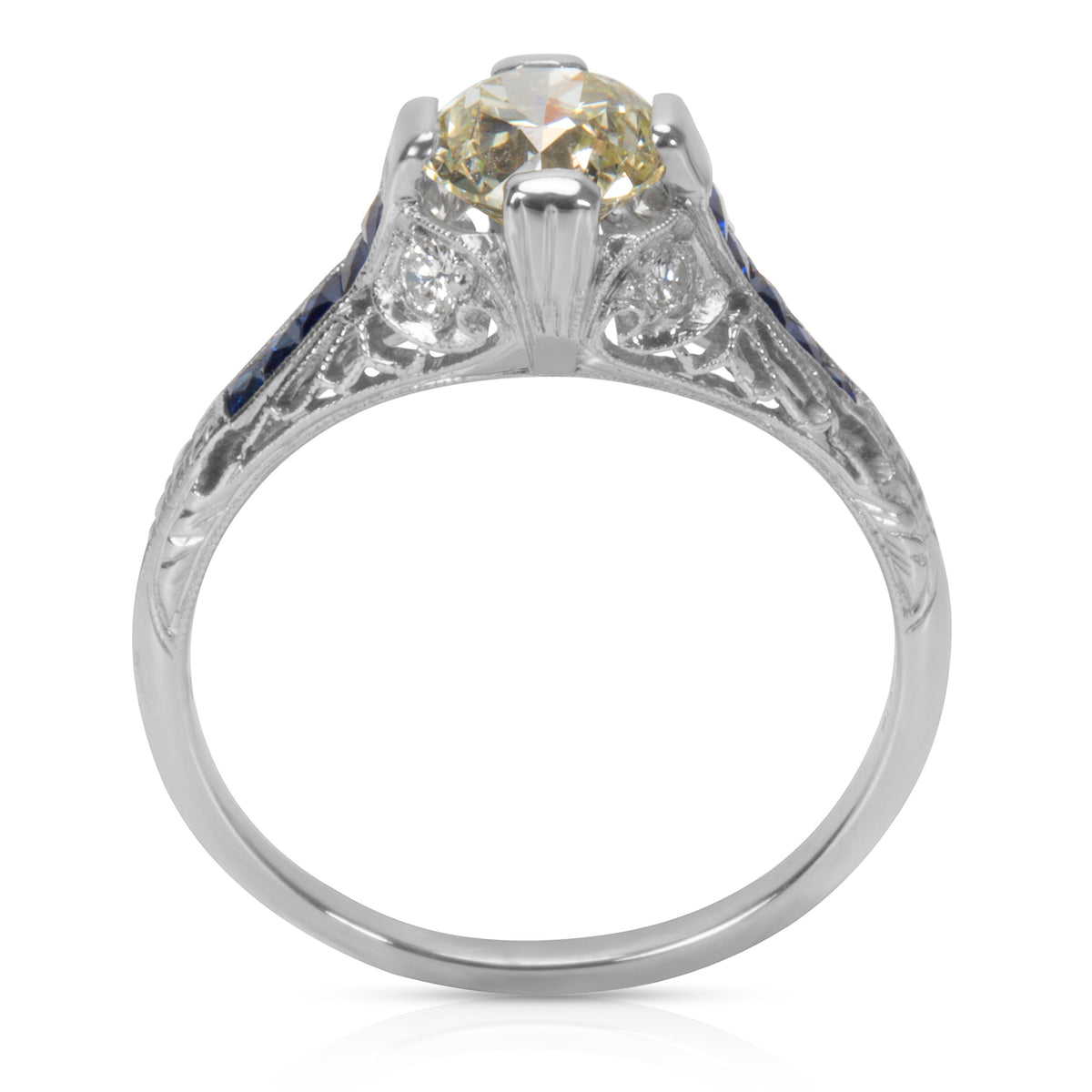 IGL Certified Art Deco Estate Diamond and Sapphire Engagement Ring in Platinum