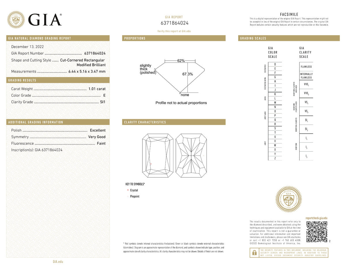 GIA Certified 1.01 Ct Radiant cut E SI1 Loose Diamond