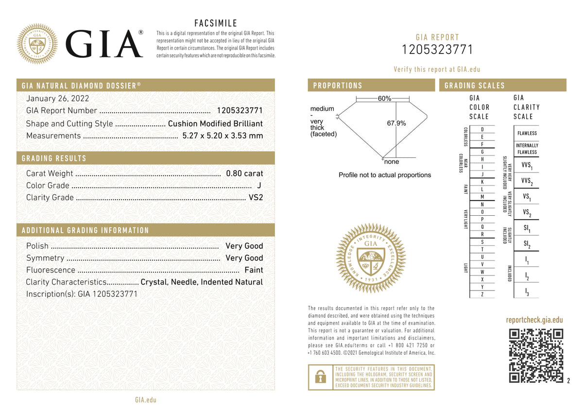 GIA Certified 0.80 Ct Cushion cut J VS2 Loose Diamond