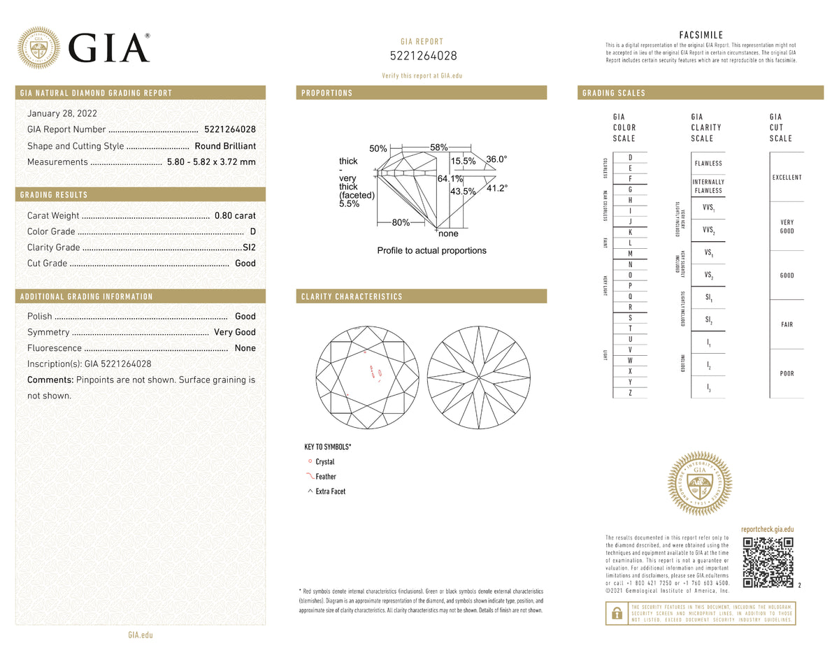 GIA Certified 0.80 Ct Round cut D SI2 Loose Diamond