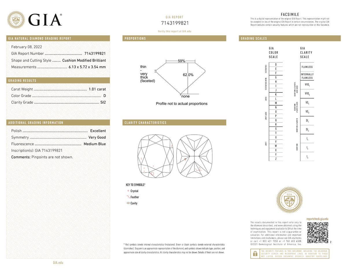 GIA Certified 1.01 Ct Cushion cut D SI2 Loose Diamond