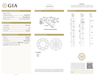 GIA Certified 1.05 Ct Round cut G VS2 Loose Diamond