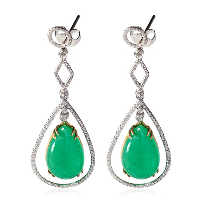 Cabochon Emerald Diamond Earrings in 14KT Yellow Gold & Platinum 1.20 CTW