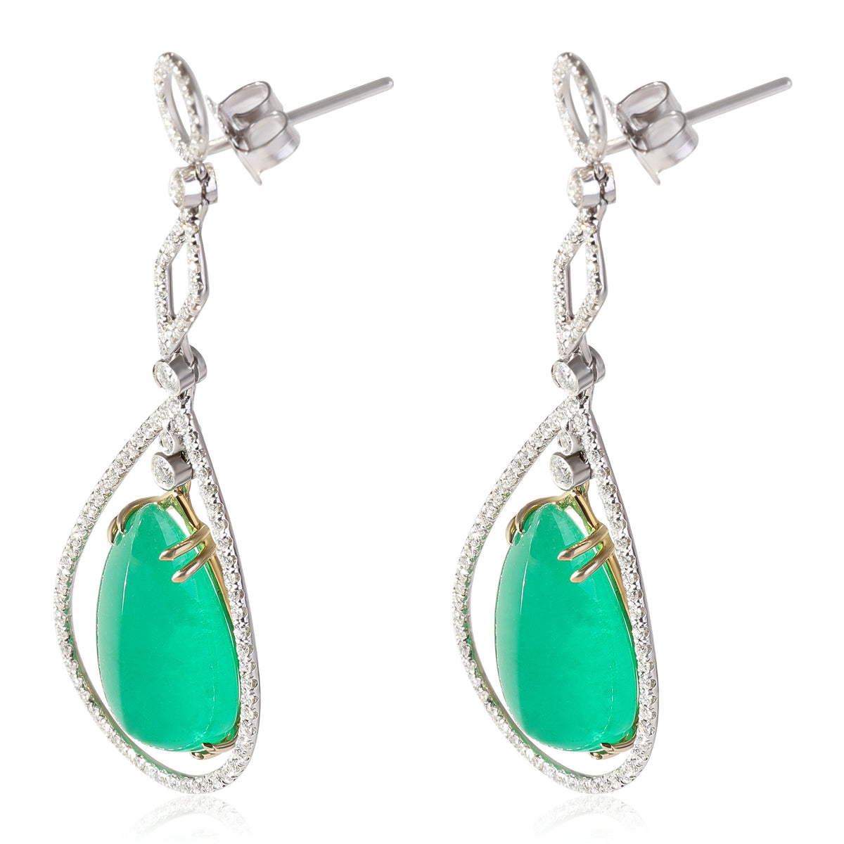 Cabochon Emerald Diamond Earrings in 14KT Yellow Gold & Platinum 1.20 CTW