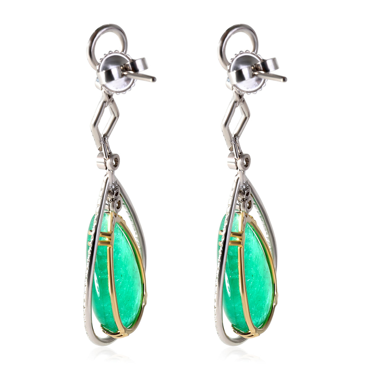 Cabochon Emerald Diamond Earrings in 14KT Yellow Gold & Platinum 1.20 CTW