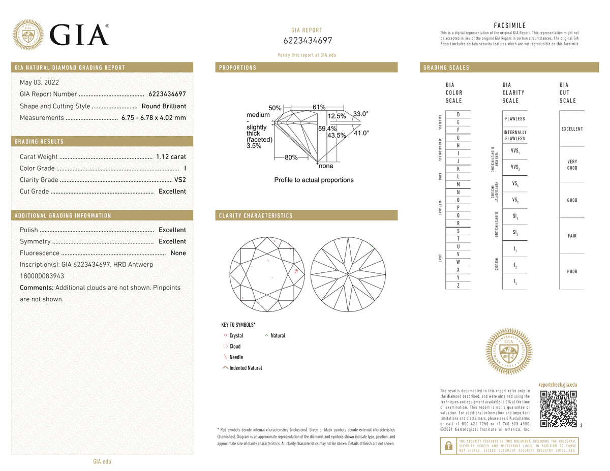 GIA Certified 1.12 Ct Round cut I VS2 Loose Diamond