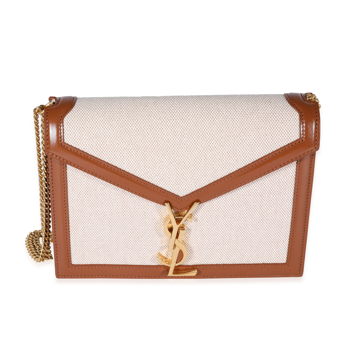 Saint Laurent Beige Canvas & Brown Box Leather Medium Cassandra Chain Bag