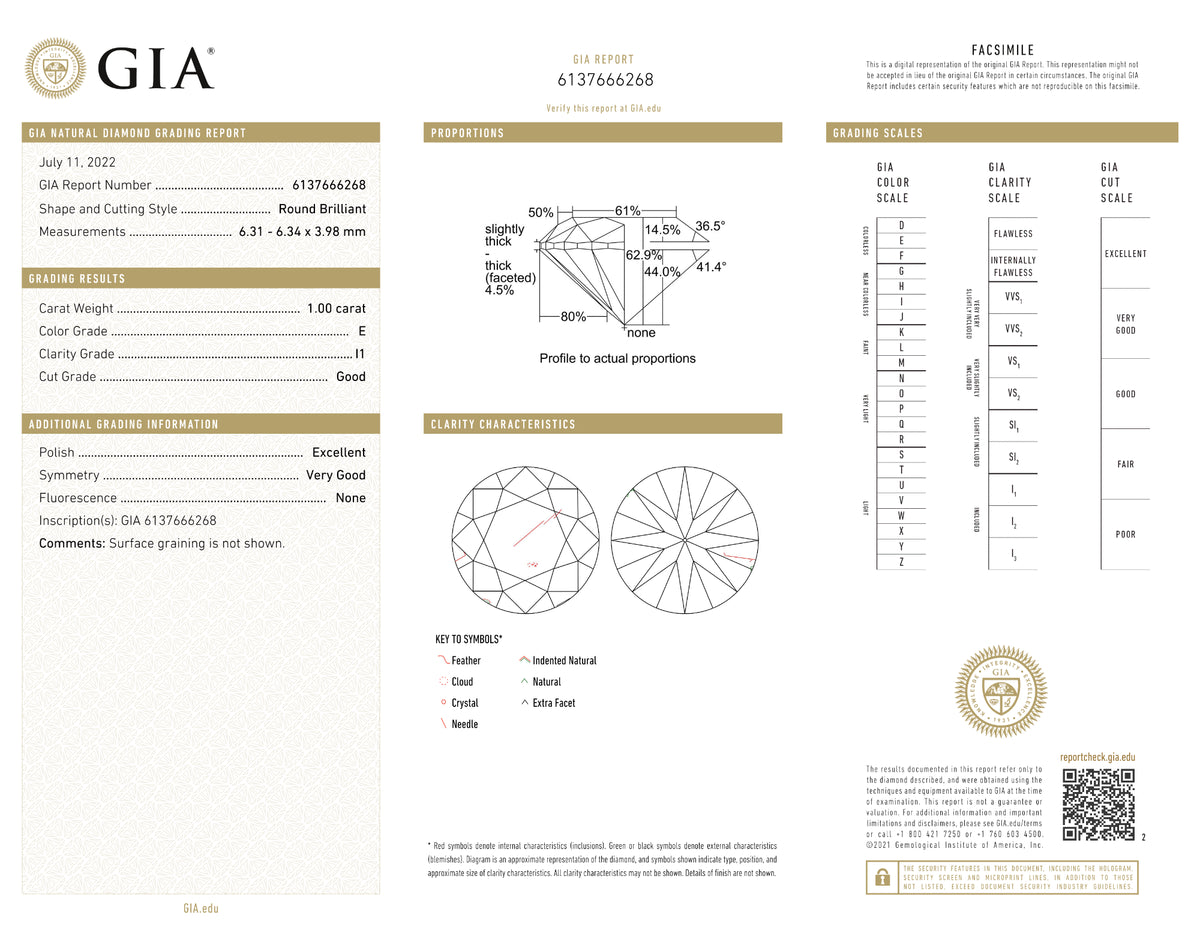 GIA Certified 1.00 Ct Round cut E I1 Loose Diamond