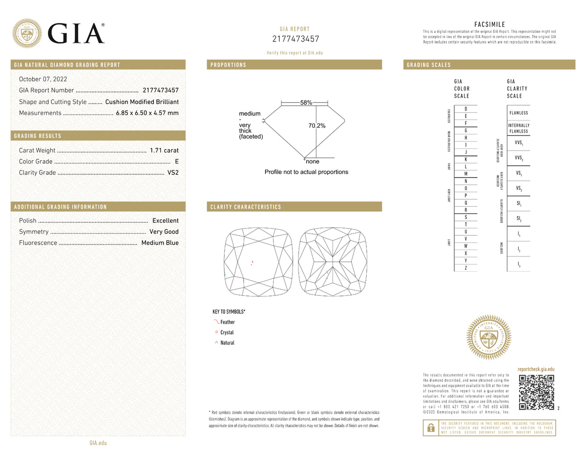 GIA Certified 1.71 Ct Cushion cut E VS2 Loose Diamond