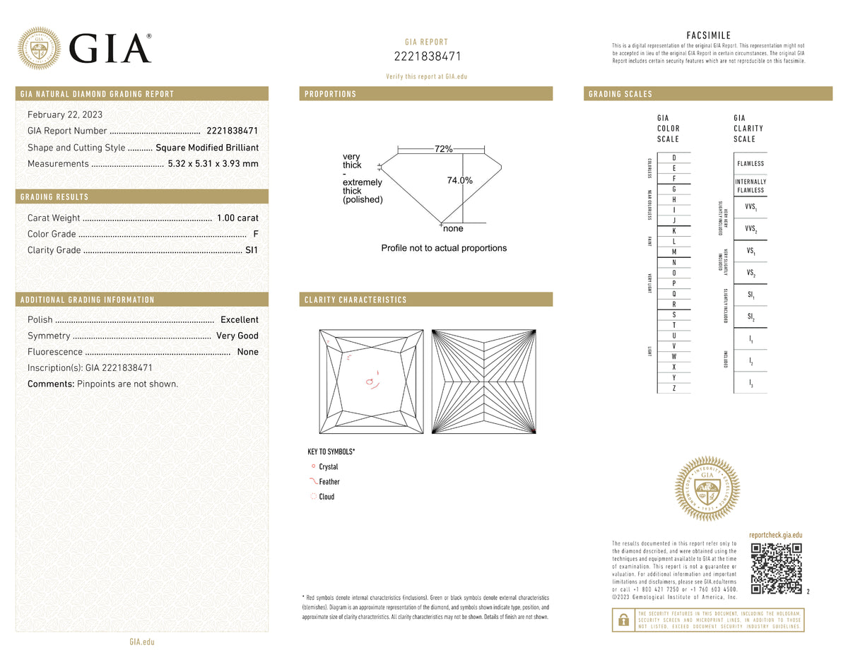 GIA Certified 1.00 Ct Princess cut F SI1 Loose Diamond