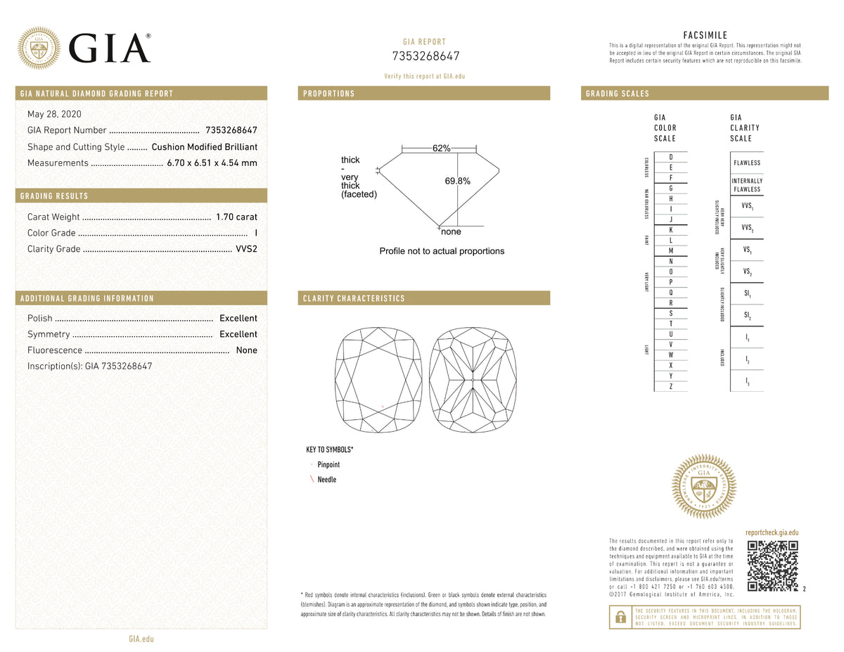 GIA Certified 1.70 Ct Cushion cut I VVS2 Loose Diamond