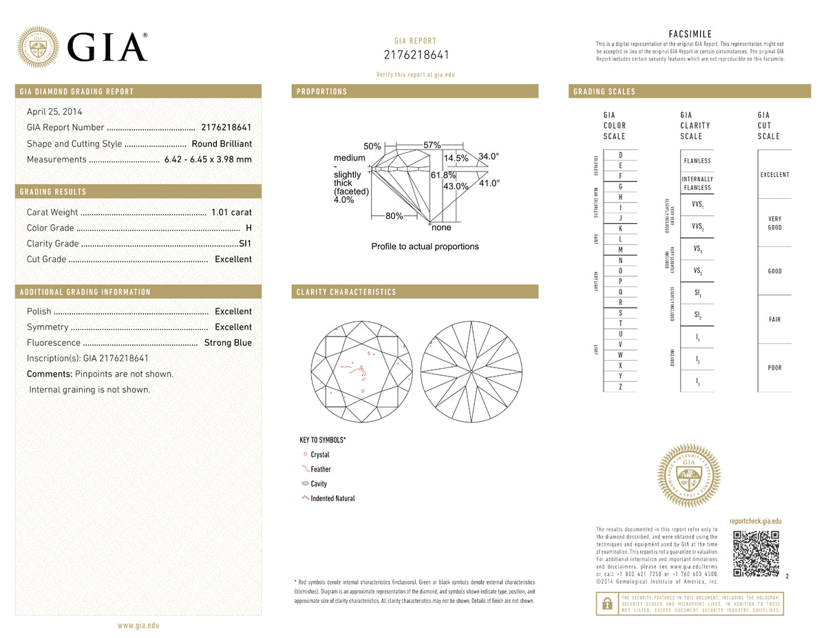 GIA Certified 1.01 Ct Round cut H SI1 Loose Diamond