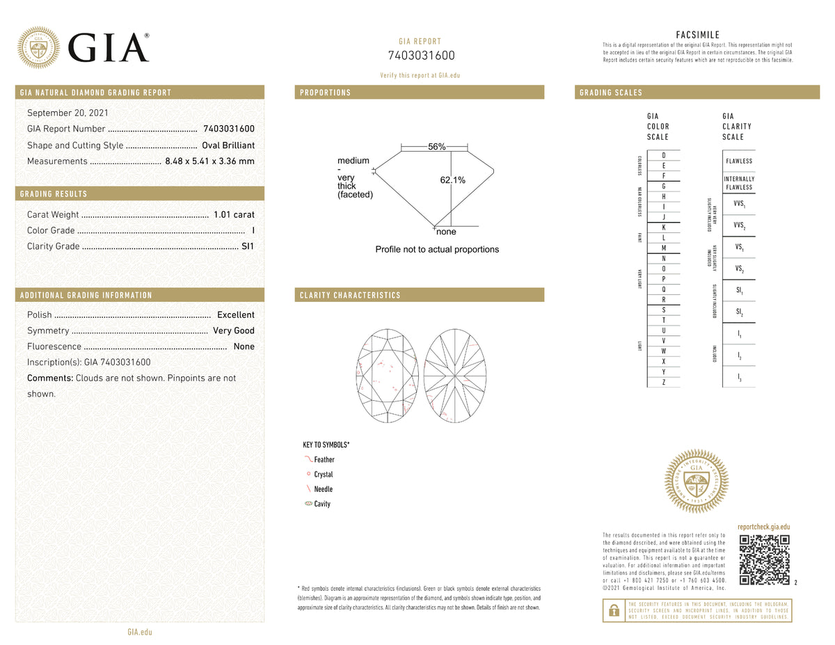 GIA Certified 1.01 Ct Oval cut I SI1 Loose Diamond