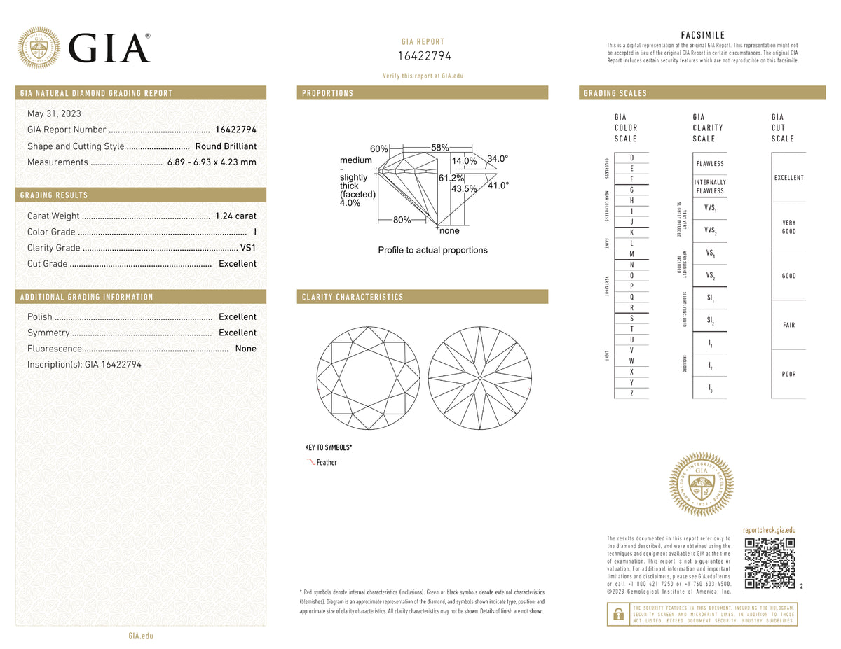 GIA Certified 1.24 Ct Round cut I VS1 Loose Diamond